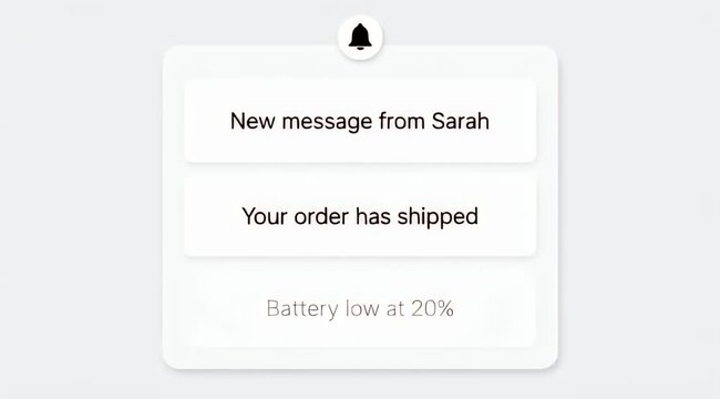 A minimalist notification panel displays three alerts new message, order shipped, and low battery