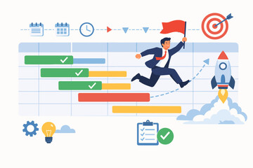 Businessman Running on Gantt Chart for Project Management and Workflow Tracking to Launch Startup. Illustration of Task Completion, Timeline Planning, Goal Achievement, and Business Productivity.