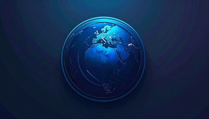A stylized globe illustration, glowing with lights, set against a dark blue gradient. It appears three-dimensional, with illuminated cities