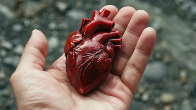 A human heart held in someone's hand.