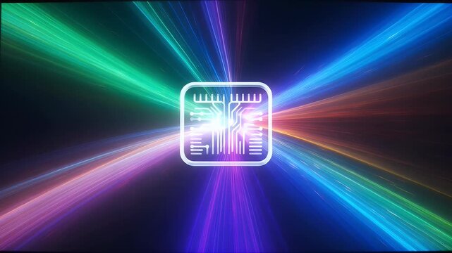 Abstract light streaks converge on a circuit board icon
