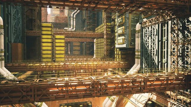 Automated assembly corridor bathed in amber glow endless rows of piping and structural girders frame conveyor pathways, sensor arrays and terminal panels,