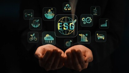 Fototapeta premium ESG promotes sustainability through green energy, carbon reduction, eco cities, clean tech, and circular economy with environmental, social, and governance balance. Marrow