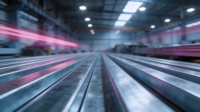 Rows of metallic structural profiles stretch into the distance within a modern industrial factory, highlighted by energetic red light trails.