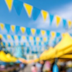 Fototapeta premium Community fair with yellow and blue pennants rows of tents blurred mixed male female mixed race adults festive street fair atmosphere