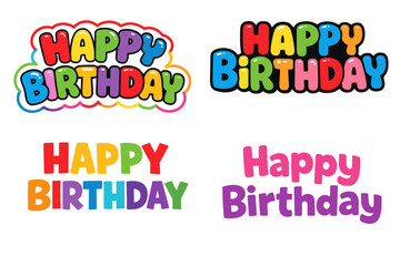 Fototapeta premium Set of four colorful Happy Birthday lettering designs in bold bubble typography, ideal for party cards, kids invitations, stickers, banners, and celebratory social posts. High impact.
