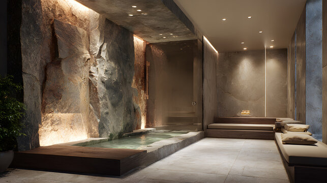 A home wellness area or bathroom designed for emotional health. Natural stone steam room, red-light therapy panels, and biophilic textures. Soft, neuro-responsive lighting and flowing water elements f