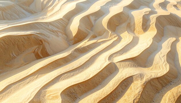 Close-up of undulating sand dunes, sculpted by wind, revealing textures and shadows under sunlight. Abstract, natural beauty