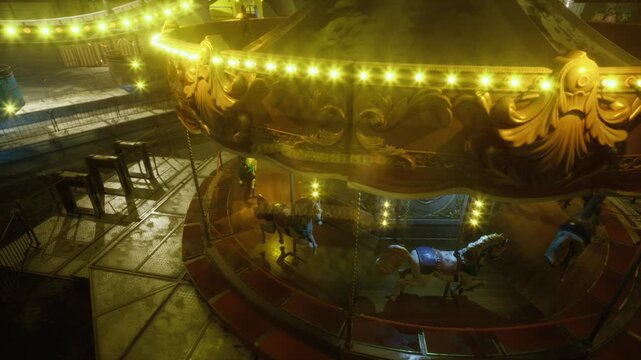 vacant carousel under amber bulbs and rails, empty fence lines and damp ground, warm highlights on ornate edges, lingering melancholic fairground evening mood