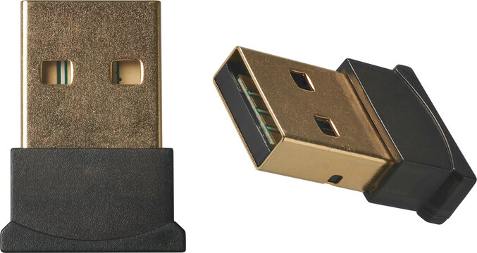 set of black wireless usb nano receivers isolated white background, mock-up template in closeup view and different angles