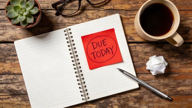 Reminder of an urgent due date written on a bright red sticky note atop an open spiral notebook.