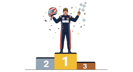 Naklejka premium Formula 1 Champion Driver Celebrates Victory on Podium with Helmet Toss and Confetti