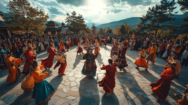 Beautiful view of Thimphu Tshechu in Bhutan, with thousands gathered in traditional Bhutanese attire (gho and kira) and dancers wearing demon masks performing in the center of the circle