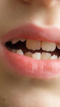 Child with crowded teeth. Crooked permanent and baby teeth in a 8 year old child mouth.