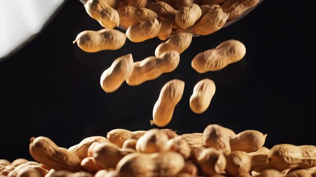 Freshly harvested peanuts falling against dark backdrop