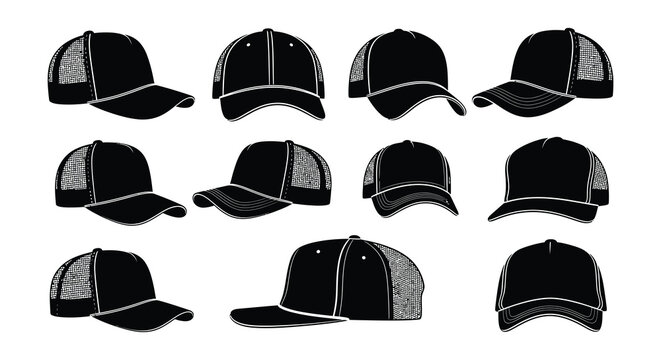 Collection of black baseball caps in various styles and perspectives