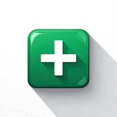 Obraz premium Vibrant glossy green square button with a prominent white plus symbol, featuring a modern long shadow effect for digital user interface design