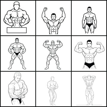 Bodybuilding Poses Collection with Muscular Male Athlete Silhouettes, Vector Illustration Set of Professional Bodybuilder Posing Poses, Comprehensive Gym Fitness Posing Chart for Bodybuilding Competit