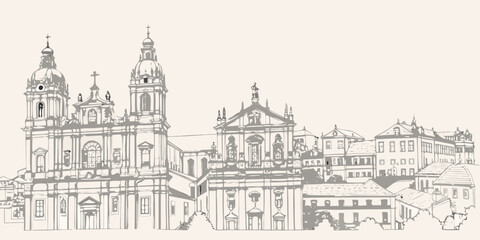 Detailed sketch of a european cityscape with ornate religious buildings