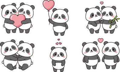 Fototapeta premium Cute Panda Couple and Valentine Character Set with Hearts Balloon Bamboo and Adorable Cartoon Love Illustrations Flat Vector Collection.