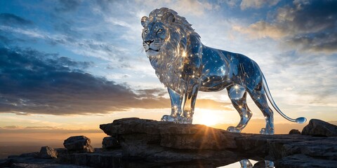 Fototapeta premium Resplendent crystal lion sculpture perched on a rocky cliff edge during a breathtaking sunset