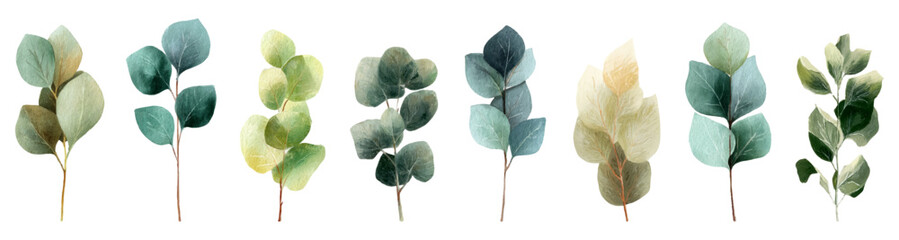 Watercolor eucalyptus branches and leaves in blue green and sage tones, elegant botanical arrangement on white background for invitations, cards, patterns, and design elements © Narin