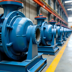 Obraz premium Several blue pumps are lined up in a row inside a factory. The setting shows a large industrial space with high ceilings and equipment in the background.