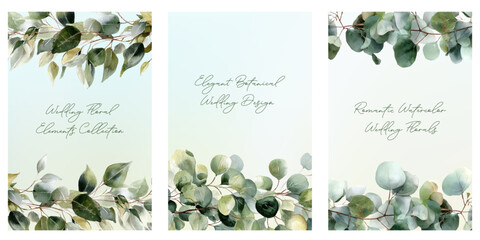 Watercolor wedding stationery templates with botanical eucalyptus leaves and olive branches, creating elegant floral invitation designs for romantic events and celebrations © Narin