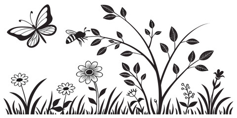 A beautiful illustration of a butterfly hovering over a field of flowers and plants © AX