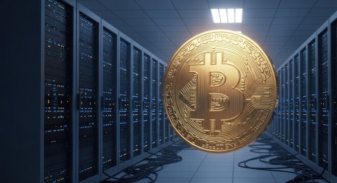 Giant physical Bitcoin floats in a dark server room filled with computer.