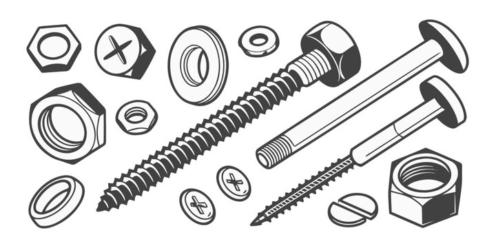 Assorted hardware fasteners including screws, nuts, and bolts