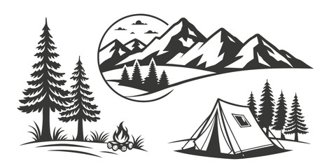 A serene camping scene with mountains and trees in the background © AX