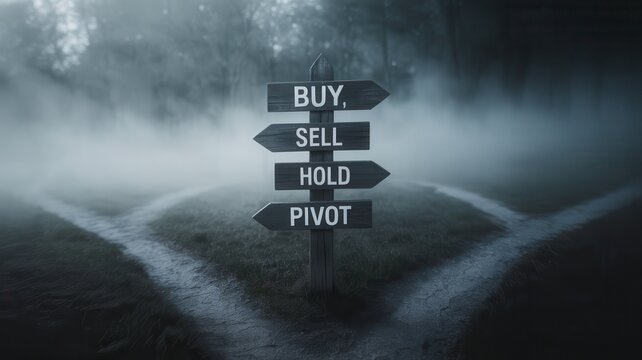 Mysterious signpost with buy sell hold pivot arrows in foggy landscape