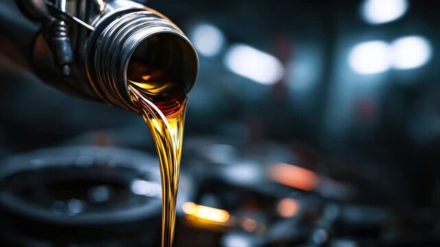 Close-up of motor oil pouring from a canister, blurred background. Concept of engine, auto repair shop, engine service industry, detailing