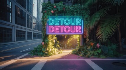 Vibrant detour sign surrounded by lush greenery in modern cityscape