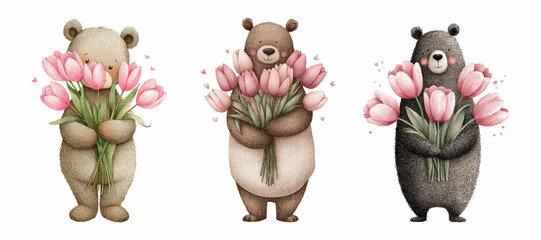Three cute teddy bears holding pink tulip bouquets. Sharing love and affection. A charming illustration for greeting cards. Invitations. And children's designs © Narin