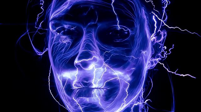 Abstract glowing neon lightning branching shaping human face dark stormy sky surreal electric energy danger thunder power dynamic bright flash