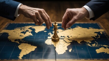 Businessman making strategic move on global chessboard