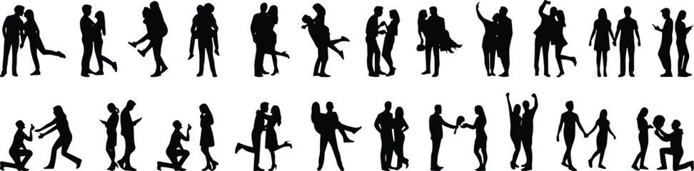 Romantic Couple Silhouettes Collection, Love Proposal Hug Kiss Dating Poses Isolated on White Background Vector Set