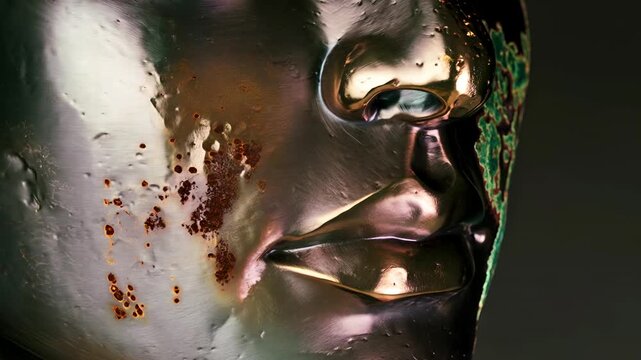 Abstract rusty metal face oxidizing turning green copper dark abandoned industrial grunge surreal decay history time passing aging dynamic texture