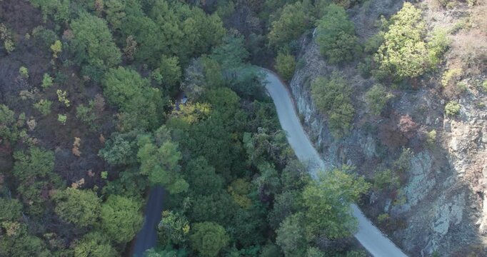 Aerial top down vew of white electric car driving on country road in autumn colofrul forest