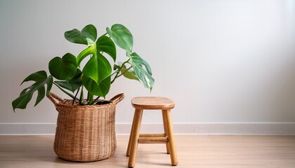 Fototapeta premium potted plant woven basket small wooden stool is tropical philodendron selloum houseplant