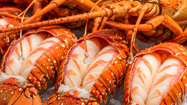 Freshly Caught Lobster Tails on Ice: Delicious Seafood Delicacy for Gourmet Cuisine, Restaurant Menu, and Culinary Backgrounds
