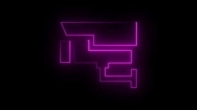 Abstract neon purple color outline of a security camera against a black background cc tv surveillance. 4k animation video.