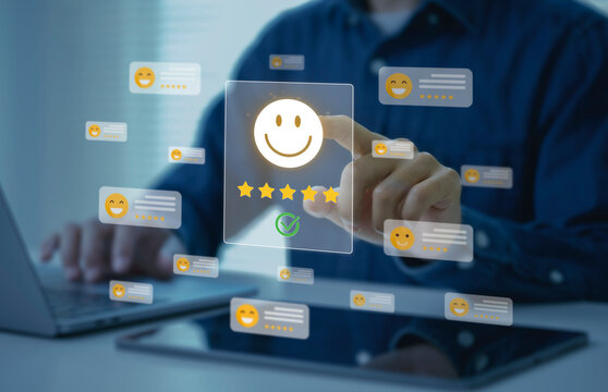 Customer satisfaction rating interface with hand selecting five star review on digital screen strengthening brand reputation user experience optimization and online feedback management strategy.