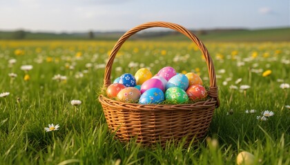 Fototapeta premium Colorful easter eggs in a basket on the meadow 