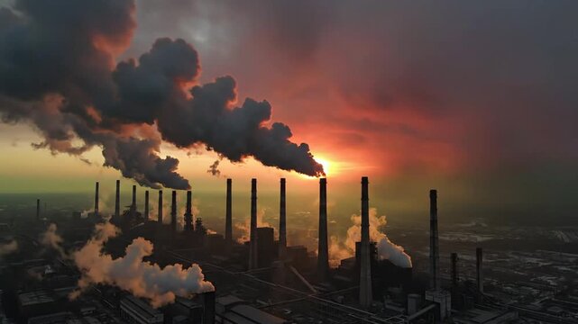 Industrial factory chimneys release thick smoke into a dramatic sunset sky, contributing to air