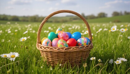 Colorful easter eggs in a basket on the meadow
