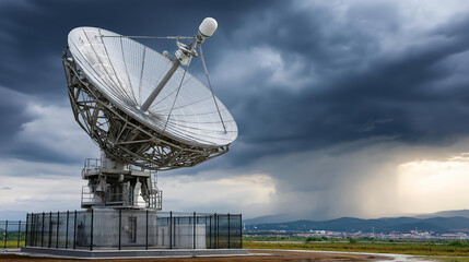Powerful military radar installation under a dramatic stormy sky, air and missile defense radar system, ground-based surveillance technology, military radar dramatic landscape, defense