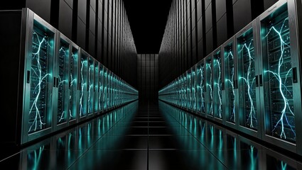 Abstract futuristic data center with holographic insights for a market report banner